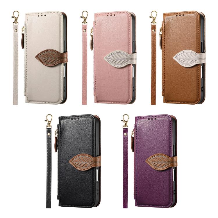 Leaf Buckle Zipper Wallet Leather Phone Case with Strap