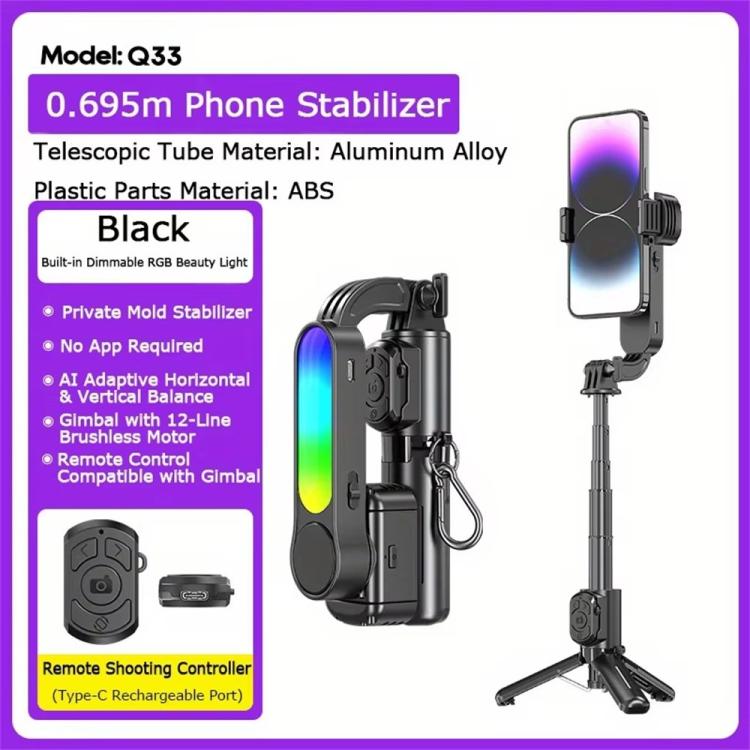 Q33 Remote Control Photography Mini Tripod Selfie Stick Stabilizer Anti-Shake with Fill Light