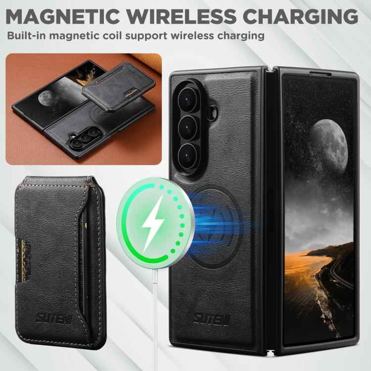 Suteni M3 Card Bag MagSafe Cowhide Texture Leather Phone Case, For Samsung Galaxy Z Fold7 5G, For Samsung Galaxy Z Fold6