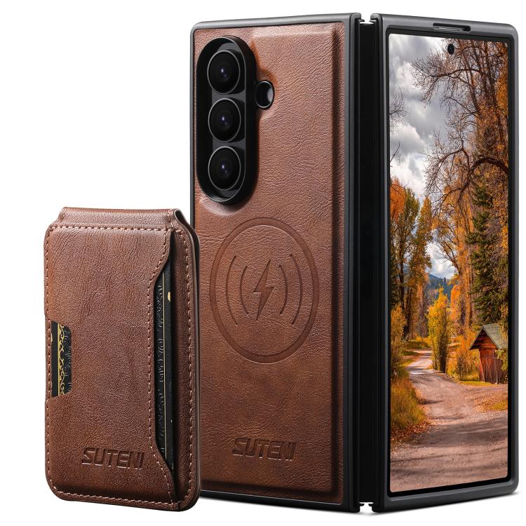 Suteni M3 Card Bag MagSafe Cowhide Texture Leather Phone Case, For Galaxy Z Fold8 Ultra 5G, For Galaxy Z Fold7 5G, For Galaxy Z Fold6 5G