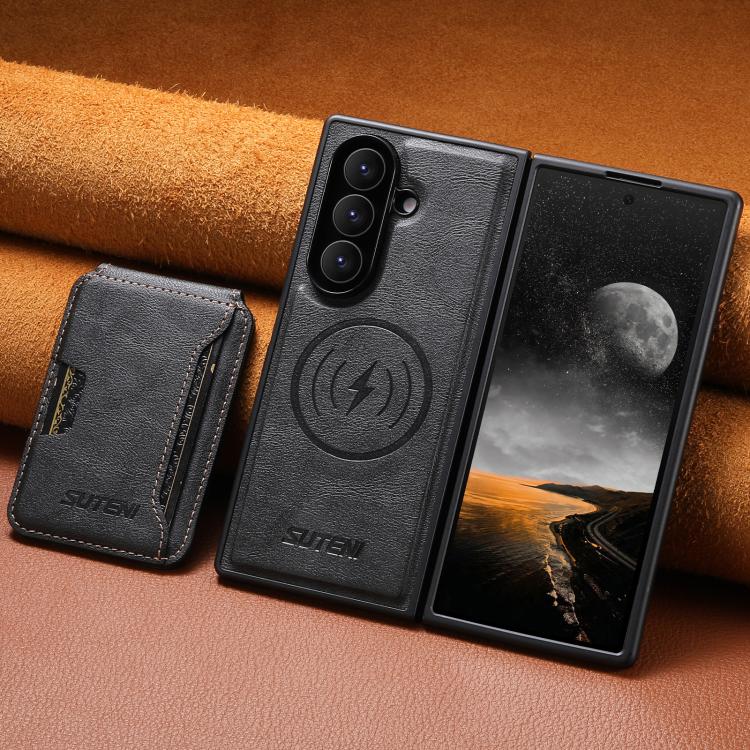 Suteni M3 Card Bag MagSafe Cowhide Texture Leather Phone Case, For Galaxy Z Fold8 Ultra 5G, For Galaxy Z Fold7 5G, For Galaxy Z Fold6 5G