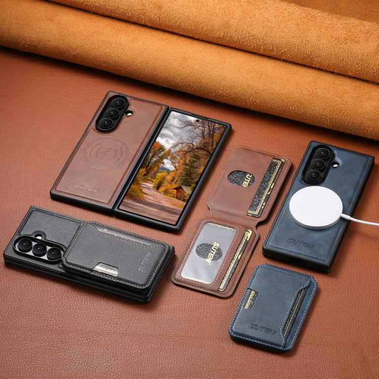 Suteni M3 Card Bag MagSafe Cowhide Texture Leather Phone Case, For Samsung Galaxy Z Fold7 5G, For Samsung Galaxy Z Fold6