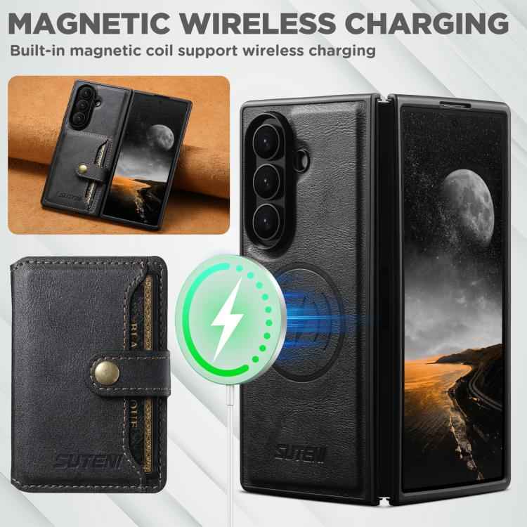 Suteni M4 Magnetic Card Bag MagSafe Leather Phone Case, For Samsung Galaxy Z Fold7 5G, For Samsung Galaxy Z Fold6