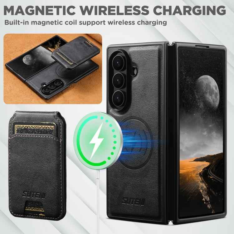 Suteni M5 Magnetic Card Bag MagSafe Cowhide Texture Leather Phone Case, For Samsung Galaxy Z Fold7 5G, For Samsung Galaxy Z Fold6