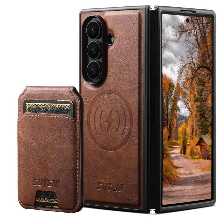 Suteni M5 Magnetic Card Bag MagSafe Cowhide Texture Leather Phone Case, For Samsung Galaxy Z Fold7 5G, For Samsung Galaxy Z Fold6
