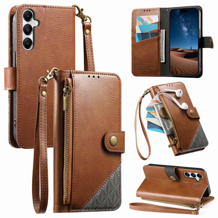 Splicing Zipper Wallet Vegan Leather Phone Case with Strap, For Samsung Galaxy A25 5G, For Samsung Galaxy S23 FE 5G, For Samsung Galaxy A14, For Samsung Galaxy S23 Ultra 5G, For Samsung Galaxy S23+ 5G, For Samsung Galaxy S23 5G, For Samsung Galaxy A13 ...