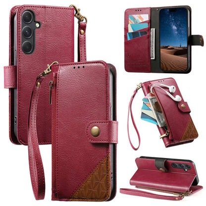 Splicing Zipper Wallet Vegan Leather Phone Case with Strap, For Samsung Galaxy S24 / S25 5G, For Samsung Galaxu S24+ / S25+ 5G, For Samsung Galaxy S25 Ultra 5G, For Samsung Galaxy S24 FE 5G, For Samsung Galaxy A15 5G, For Samsung Galaxy A55 5G         ...