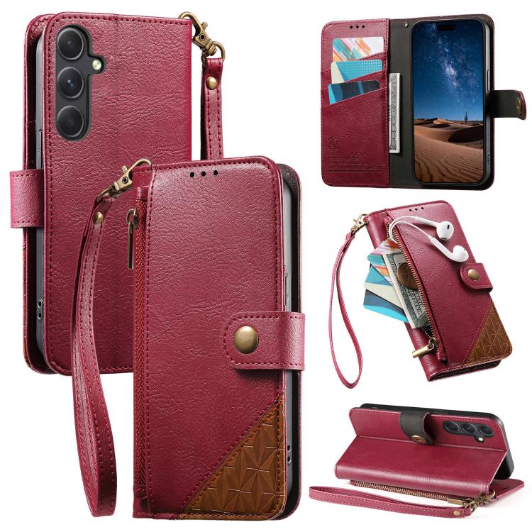 Splicing Zipper Wallet Vegan Leather Phone Case with Strap, For Samsung Galaxy S24 / S25 5G, For Samsung Galaxu S24+ / S25+ 5G, For Samsung Galaxy S25 Ultra 5G, For Samsung Galaxy S24 FE 5G, For Samsung Galaxy A15 5G, For Samsung Galaxy A55 5G         ...