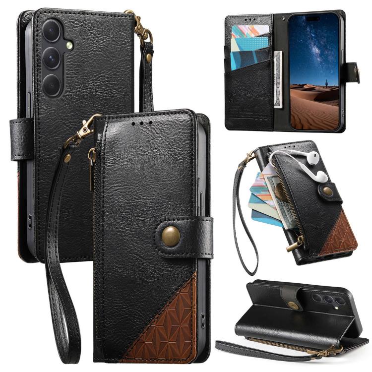 Splicing Zipper Wallet Vegan Leather Phone Case with Strap, For Samsung Galaxy S24 / S25 5G, For Samsung Galaxu S24+ / S25+ 5G, For Samsung Galaxy S25 Ultra 5G, For Samsung Galaxy S24 FE 5G, For Samsung Galaxy A15 5G, For Samsung Galaxy A55 5G         ...