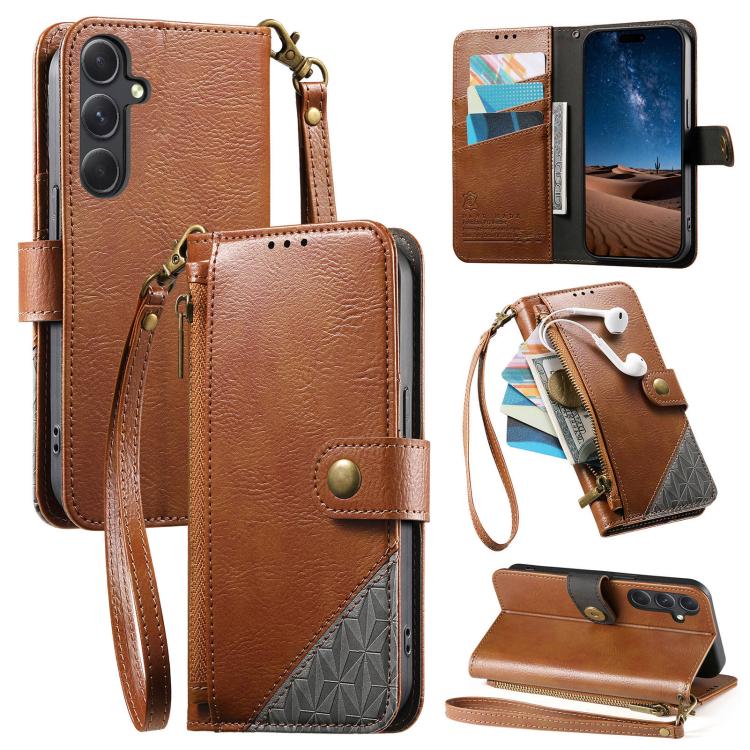 Splicing Zipper Wallet Vegan Leather Phone Case with Strap, For Samsung Galaxy S24 / S25 5G, For Samsung Galaxu S24+ / S25+ 5G, For Samsung Galaxy S25 Ultra 5G, For Samsung Galaxy S24 FE 5G, For Samsung Galaxy A15 5G, For Samsung Galaxy A55 5G         ...