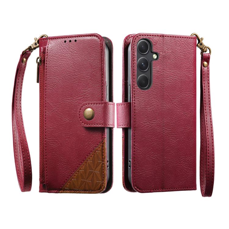 Splicing Zipper Wallet Vegan Leather Phone Case with Strap, For Samsung Galaxy S24 / S25 5G, For Samsung Galaxu S24+ / S25+ 5G, For Samsung Galaxy S25 Ultra 5G, For Samsung Galaxy S24 FE 5G, For Samsung Galaxy A15 5G, For Samsung Galaxy A55 5G         ...