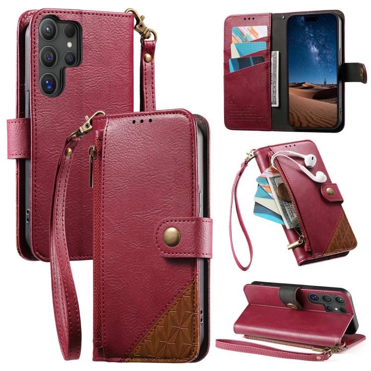 Splicing Zipper Wallet Vegan Leather Phone Case with Strap, For Samsung Galaxy S24 / S25 5G, For Samsung Galaxu S24+ / S25+ 5G, For Samsung Galaxy S25 Ultra 5G, For Samsung Galaxy S24 FE 5G, For Samsung Galaxy A15 5G, For Samsung Galaxy A55 5G         ...