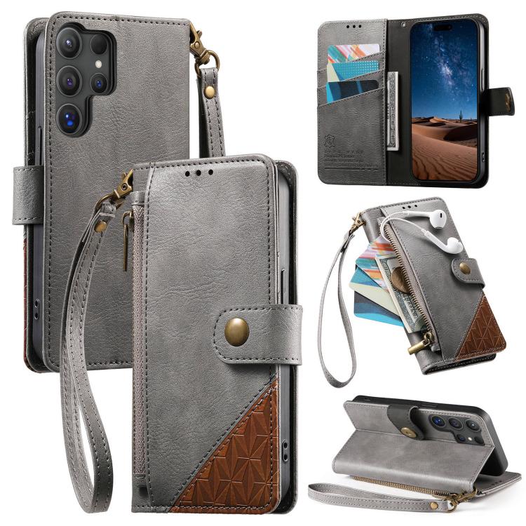 Splicing Zipper Wallet Vegan Leather Phone Case with Strap, For Samsung Galaxy S24 / S25 5G, For Samsung Galaxu S24+ / S25+ 5G, For Samsung Galaxy S25 Ultra 5G, For Samsung Galaxy S24 FE 5G, For Samsung Galaxy A15 5G, For Samsung Galaxy A55 5G         ...