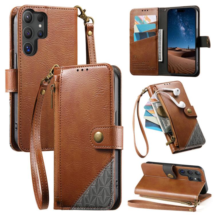 Splicing Zipper Wallet Vegan Leather Phone Case with Strap, For Samsung Galaxy S24 / S25 5G, For Samsung Galaxu S24+ / S25+ 5G, For Samsung Galaxy S25 Ultra 5G, For Samsung Galaxy S24 FE 5G, For Samsung Galaxy A15 5G, For Samsung Galaxy A55 5G         ...