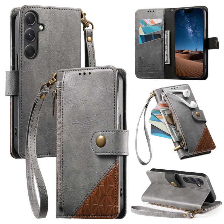 Splicing Zipper Wallet Vegan Leather Phone Case with Strap, For Samsung Galaxy S24 / S25 5G, For Samsung Galaxu S24+ / S25+ 5G, For Samsung Galaxy S25 Ultra 5G, For Samsung Galaxy S24 FE 5G, For Samsung Galaxy A15 5G, For Samsung Galaxy A55 5G         ...