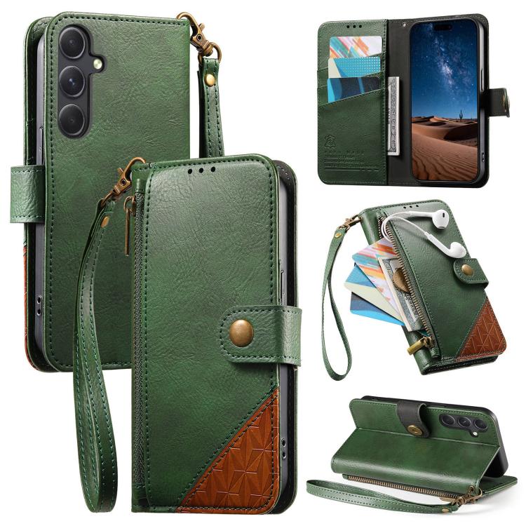 Splicing Zipper Wallet Vegan Leather Phone Case with Strap, For Samsung Galaxy S22+ 5G, For Samsung Galaxy S22 5G