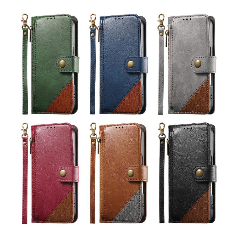 Splicing Zipper Wallet Vegan Leather Phone Case with Strap, For Samsung Galaxy S24 / S25 5G, For Samsung Galaxu S24+ / S25+ 5G, For Samsung Galaxy S25 Ultra 5G, For Samsung Galaxy S24 FE 5G, For Samsung Galaxy A15 5G, For Samsung Galaxy A55 5G         ...