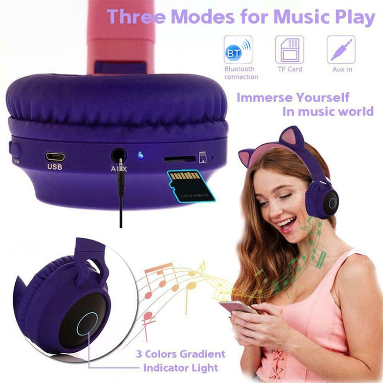 Cute Cat Ear Bluetooth 5.0 Headphones Foldable On-Ear Stereo Wireless Headset Headphone with Mic / LED Light / FM Radio / TF Card