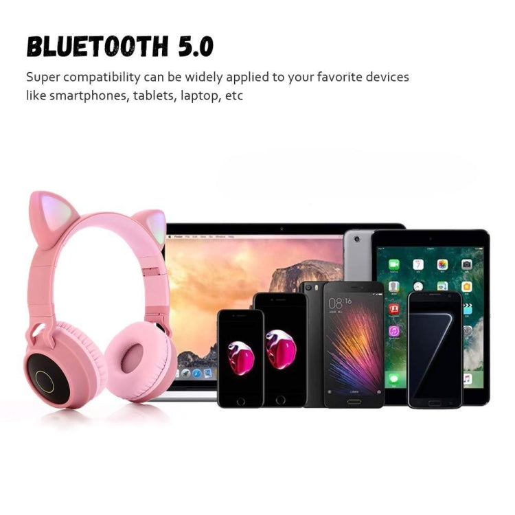 Cute Cat Ear Bluetooth 5.0 Headphones Foldable On-Ear Stereo Wireless Headset Headphone with Mic / LED Light / FM Radio / TF Card