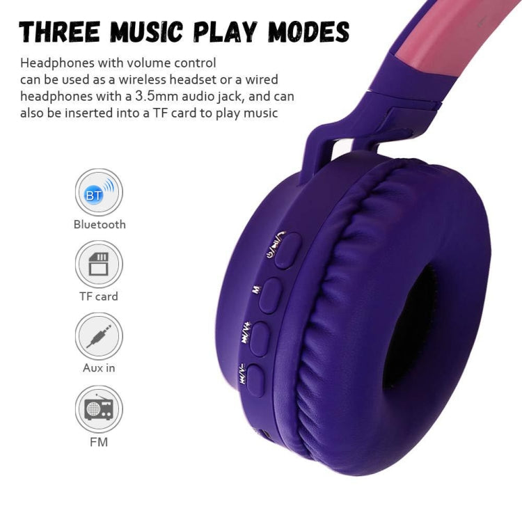 Cute Cat Ear Bluetooth 5.0 Headphones Foldable On-Ear Stereo Wireless Headset Headphone with Mic / LED Light / FM Radio / TF Card