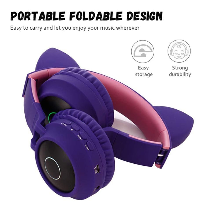 Cute Cat Ear Bluetooth 5.0 Headphones Foldable On-Ear Stereo Wireless Headset Headphone with Mic / LED Light / FM Radio / TF Card