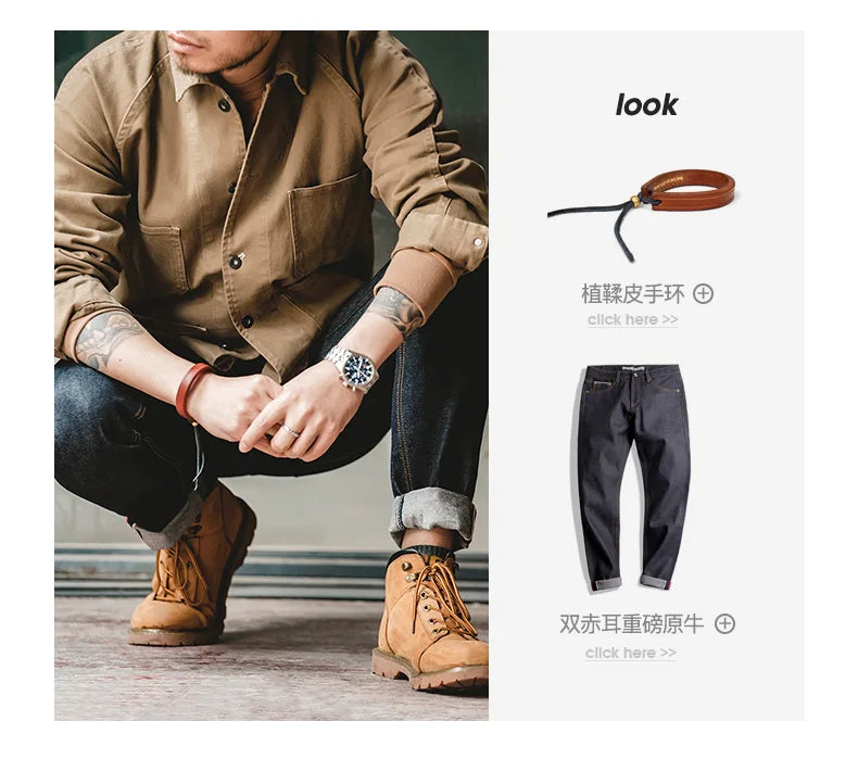 Maden Heavyweight Twill Fabric Four-pocket Chore Coat for Men Khaki Color Turn-down Collar Utility Jacket Male Autumn Jackets