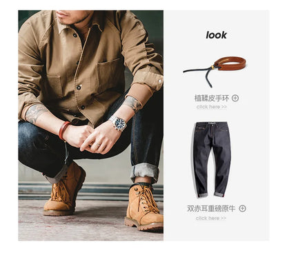Maden Heavyweight Twill Fabric Four-pocket Chore Coat for Men Khaki Color Turn-down Collar Utility Jacket Male Autumn Jackets