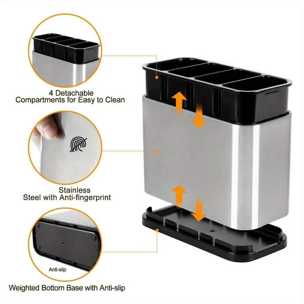 1Pc Stainless Steel Cutlery Holder with 4 Compartments, Rustproof Organizer for Kitchen Counter, Large Capacity Utensil Storage