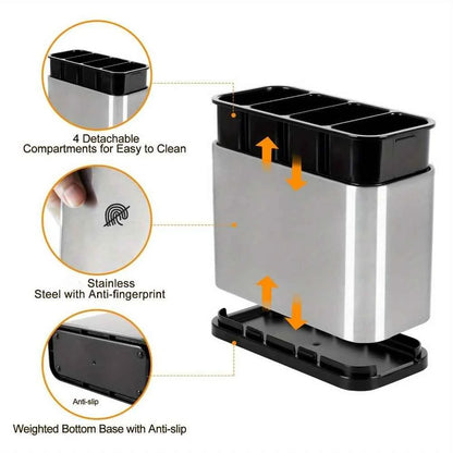 1Pc Stainless Steel Cutlery Holder with 4 Compartments, Rustproof Organizer for Kitchen Counter, Large Capacity Utensil Storage