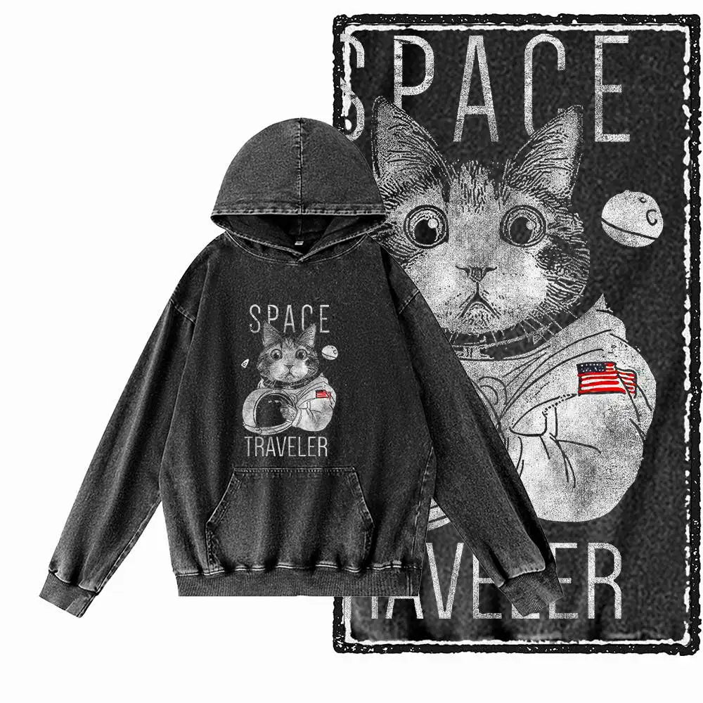 Night Prowler Cat Graphic Acid-Washed Black Hoodie