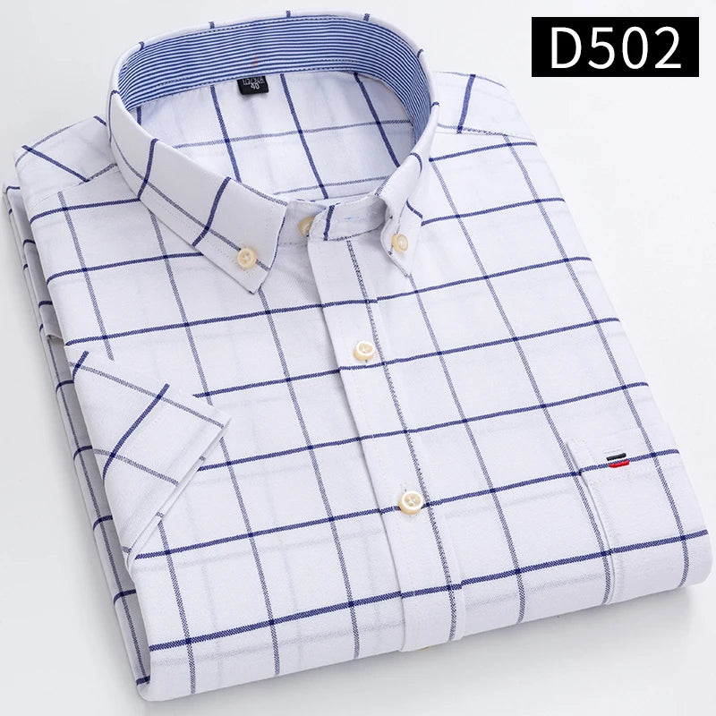 100% Cotton Men's Breathable Cotton Plaid Shirt - Short Sleeve Oxford Summer Striped Regular Fit Oversized Clothing
