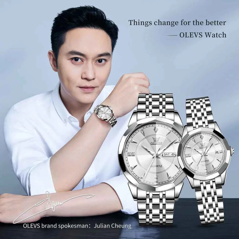 OLEVS 9977 Mens Watch Original Quartz Luminous Waterproof Day-Date Watch for Ladies and Gentlemen with Gift Box