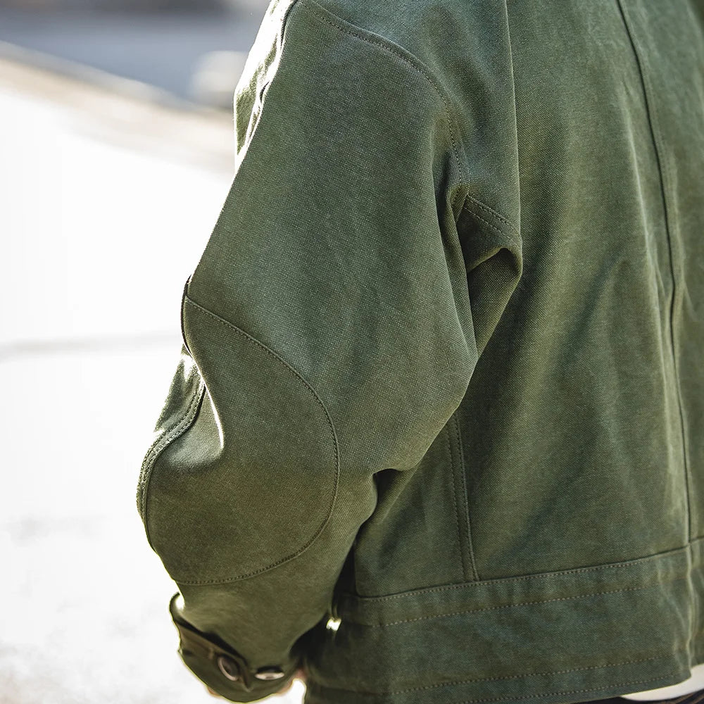 Maden Retro 16oz Canvas Swedish Motorcycle Green Jacket Pocket Bomber Jacket Casual Hunting Work Outwear for Men Spring and Fall