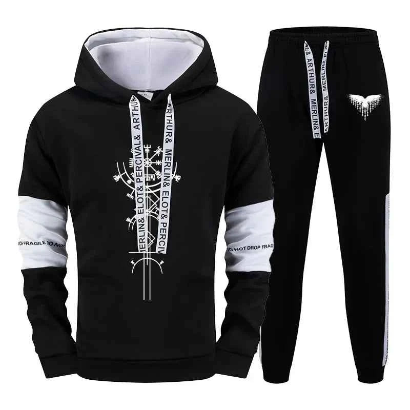 Mens Tracksuit Set Warm Hooded Sweatshirt and Sweatpants 2 Pcs Winter High Quality Casual Jogging Clothing in Black or White