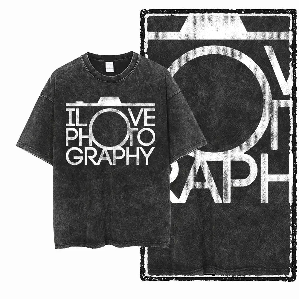 Washed Distressed Men's Photographer T-Shirt Photography Black Cotton Camera Lover Graphic Print Cotton Tee Shirt G75