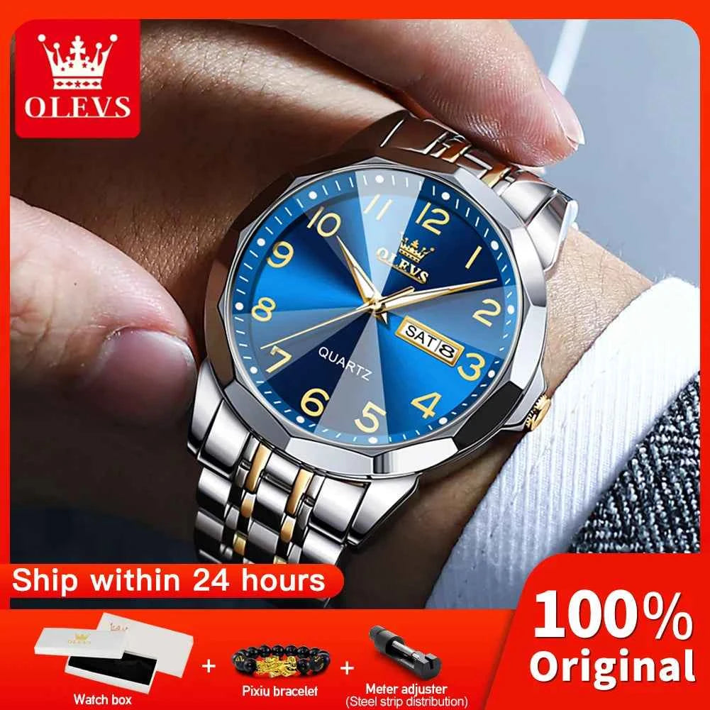OLEVS 9970 Mens Watch with Original Mirror Quartz Movement, Waterproof, Luminous Dual Calendar - Perfect Mens Gifts Reloj