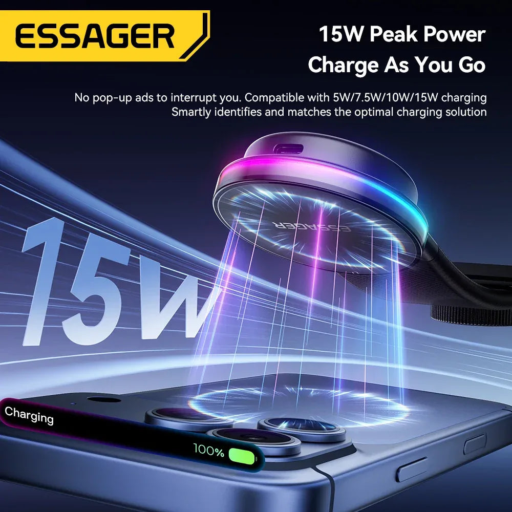 Essager 360° Free Rotation Magnetic Car Phone Holder and LED 15W Wireless Charger Stand - ShopHub