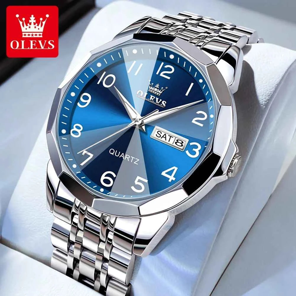 OLEVS 9970 Mens Watch with Original Mirror Quartz Movement, Waterproof, Luminous Dual Calendar - Perfect Mens Gifts Reloj