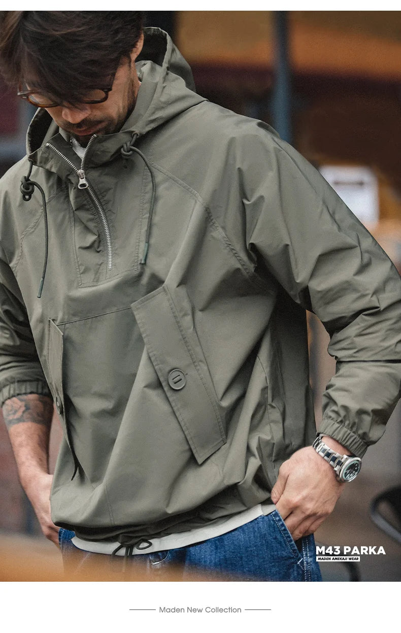 Maden M43 Parka Dark Green Deck Coat for Men Spring and Autumn Solid Color Hooded Sweatshirt Male Urban Outdoor Loose Jacket