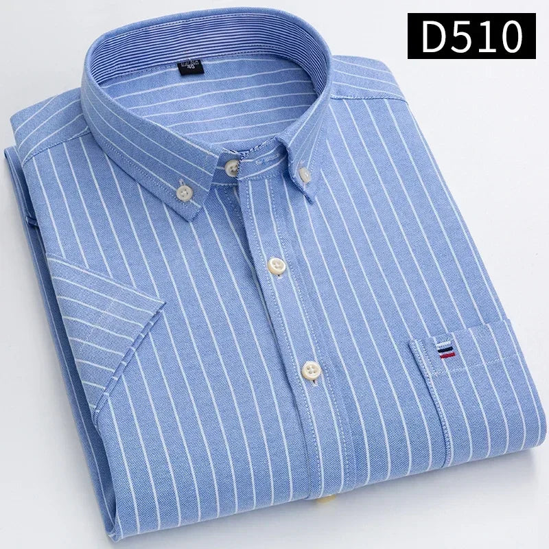 100% Cotton Men's Breathable Cotton Plaid Shirt - Short Sleeve Oxford Summer Striped Regular Fit Oversized Clothing