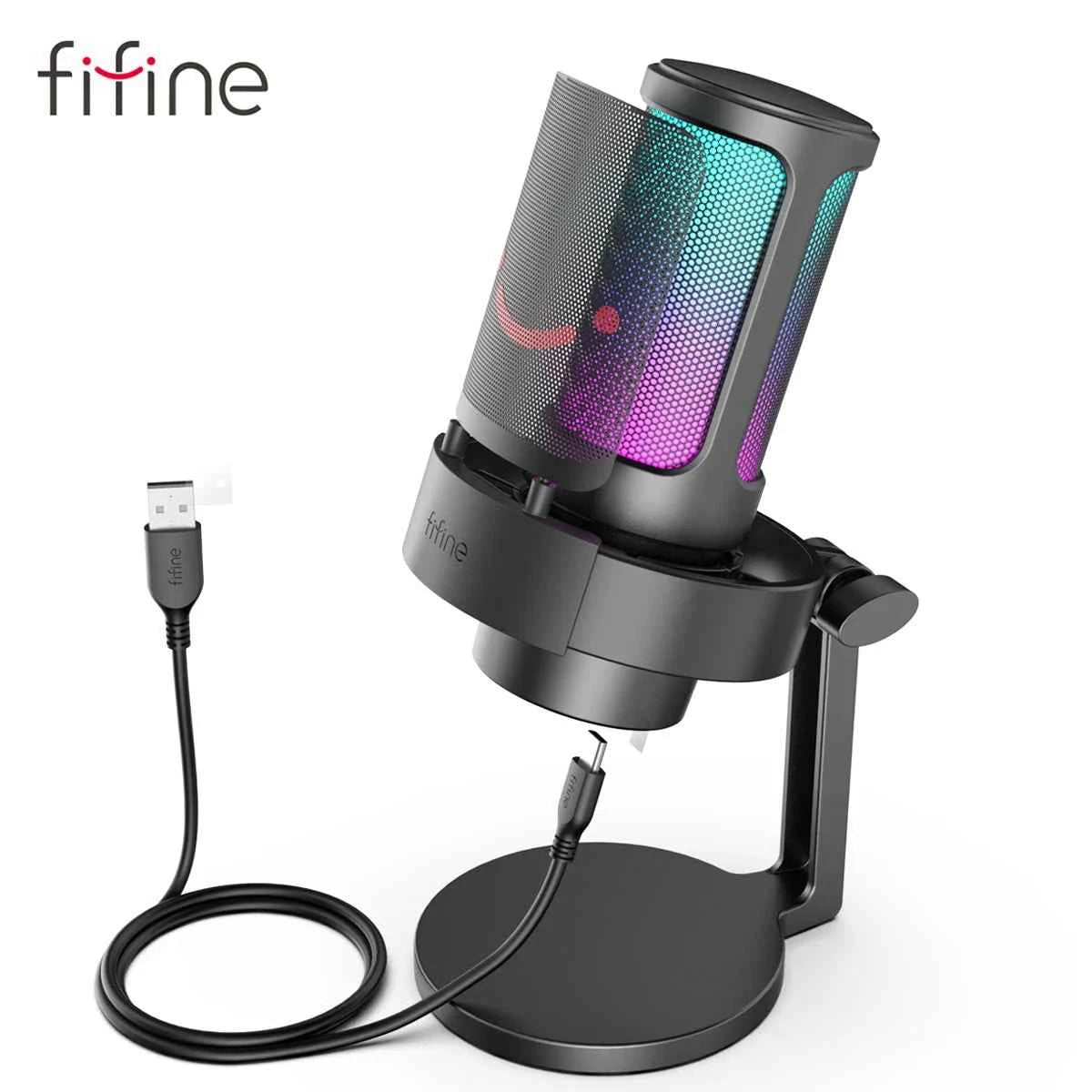FIFINE USB microphone for recording and streaming, with a sleek black design and adjustable stand on a desk setup.
