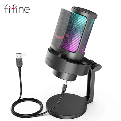 FIFINE USB microphone for recording and streaming, with a sleek black design and adjustable stand on a desk setup.