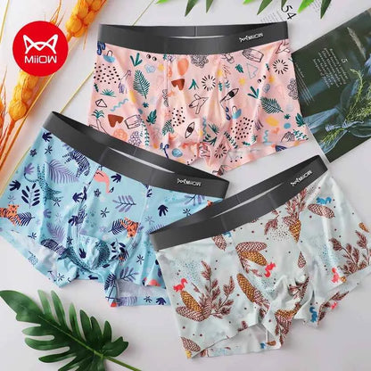MiiOW 3Pcs Seamless Ice Silk Men Underwear Boxers 3A Antibacterial Men's Panties Silky Breathable Print Mens Underpants Trunks