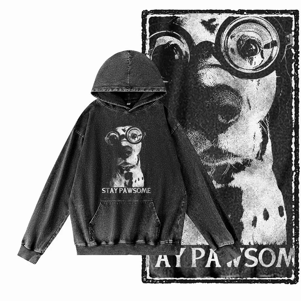 COOLMIND G25 Vintage Print Acid-Washed Black Hoodie