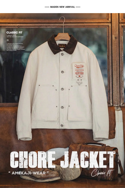 Maden Men's Retro French J22 Jacket Heavyweight White Cottonseed Shell Safari Coat Corduroy Collar Spring/Fall Hunting Outerwear
