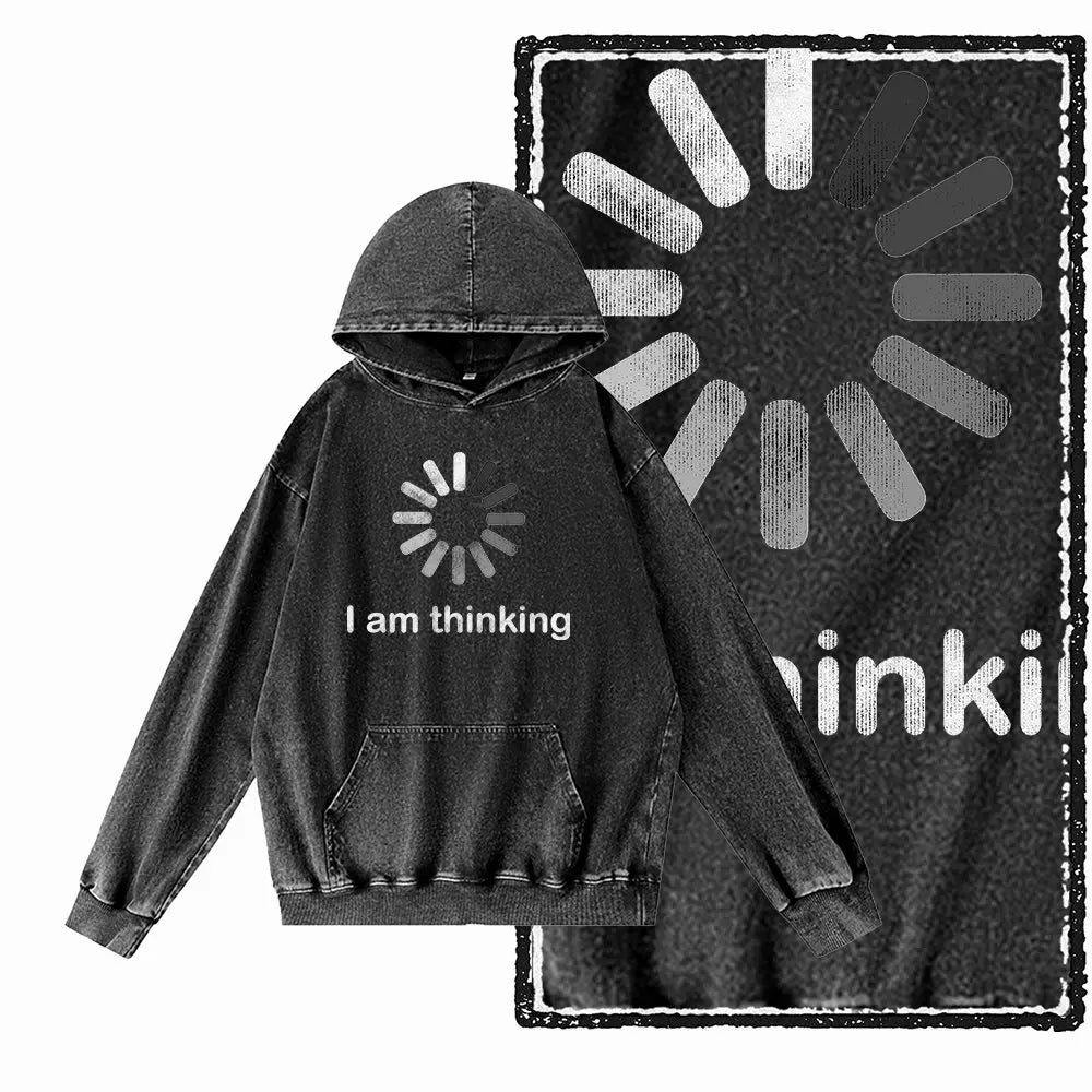 COOLMIND G25 Vintage Print Acid-Washed Black Hoodie