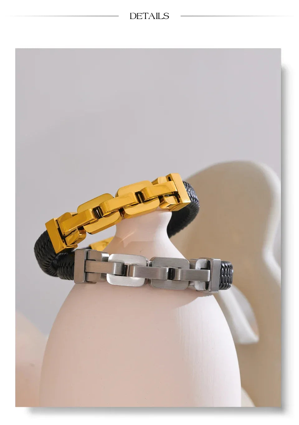 18K PVD Plated Stainless Steel Metal Chain Leather Handmade Men's Bracelet Bangle - ShopHub