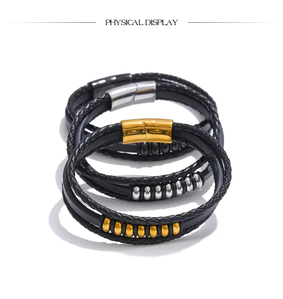 Stylish Black Fibre Leather Layered Men's Wrist Bracelet Bangle - ShopHub