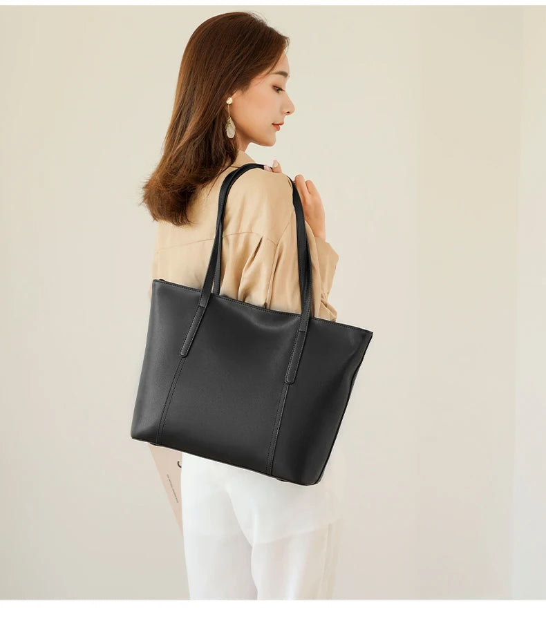 FOXER Split Leather Shoulder Bag for Women Simple Large Capacity Tote Lady Classic Black Handbag Gift for Wife, Lover