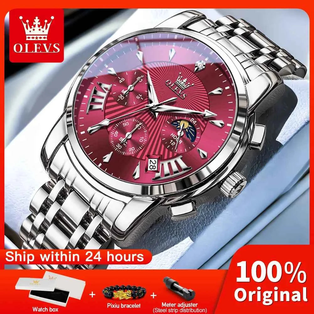 OLEVS 2892 Mens Business Quartz Watch with Moon Phase Multifunctional Chronograph and Calendar Window